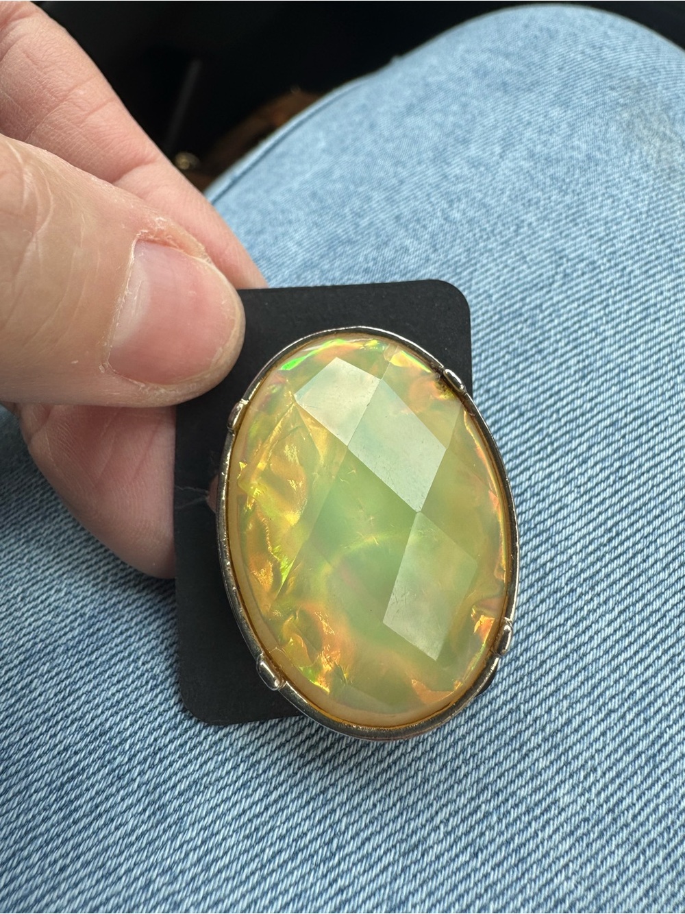 Large Vintage Iridescent Oval Brooch- Yellow Green Opal Look